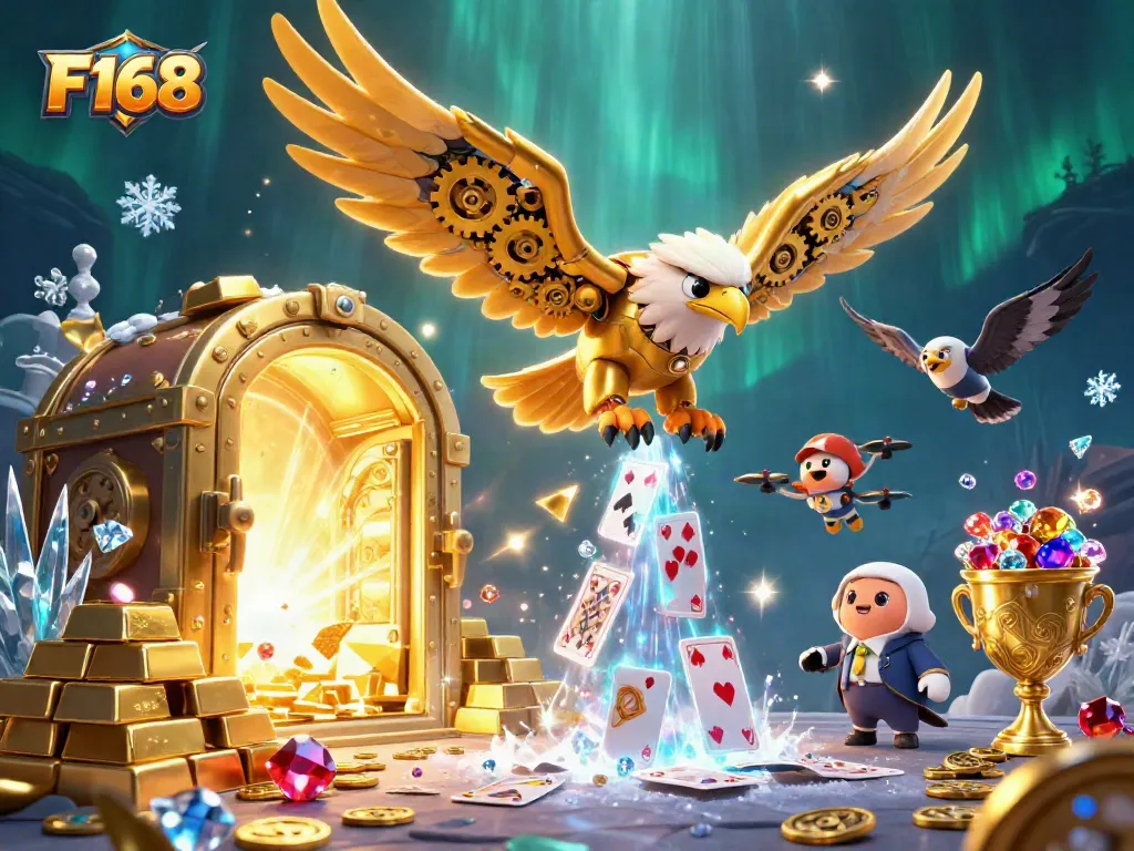 Engage with F168's vibrant gaming scene featuring a golden eagle soaring through cards and treasure.